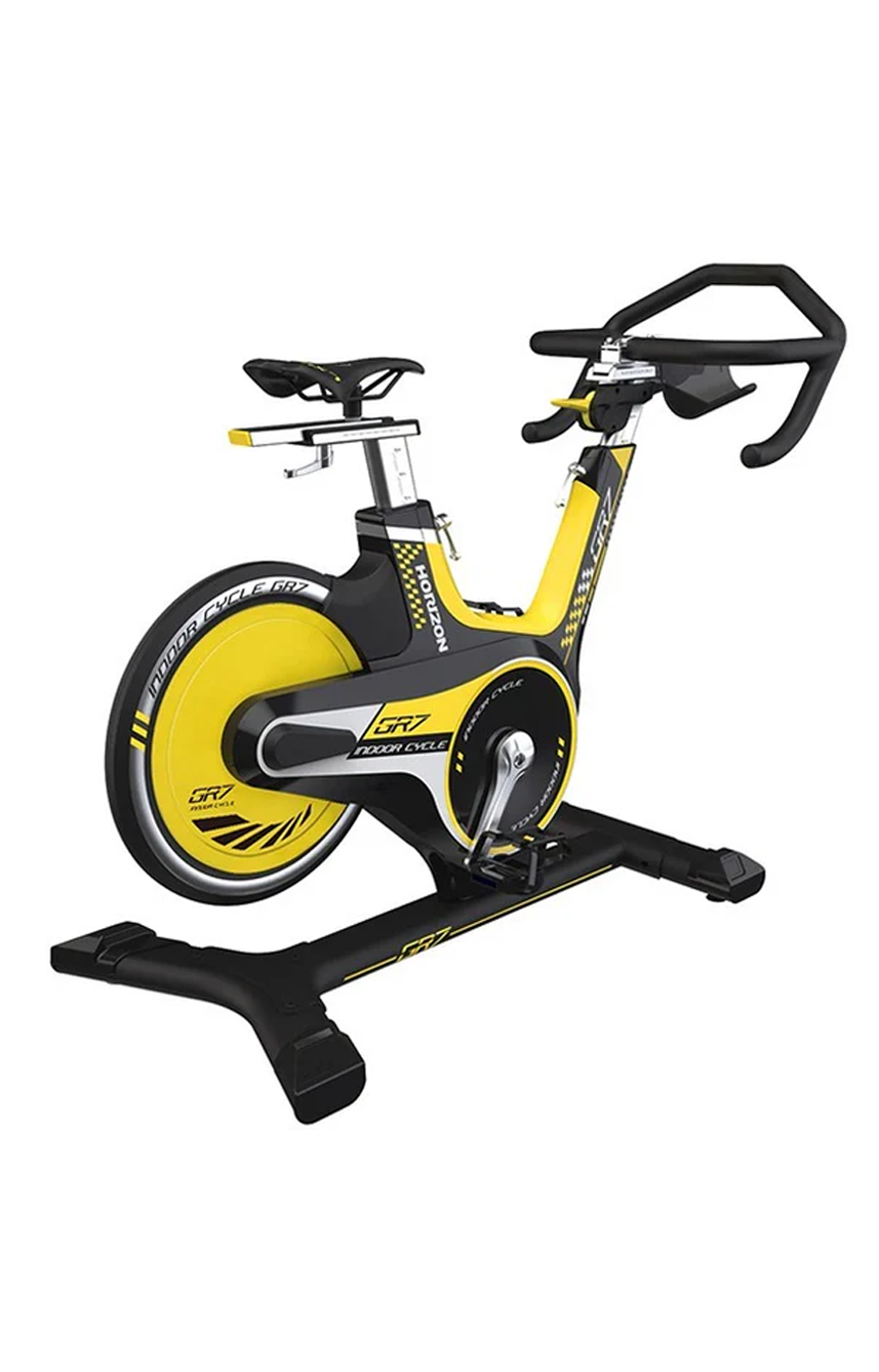 Horizon GR7 Spinning bike.
Yellow and black exercise bike on a white background